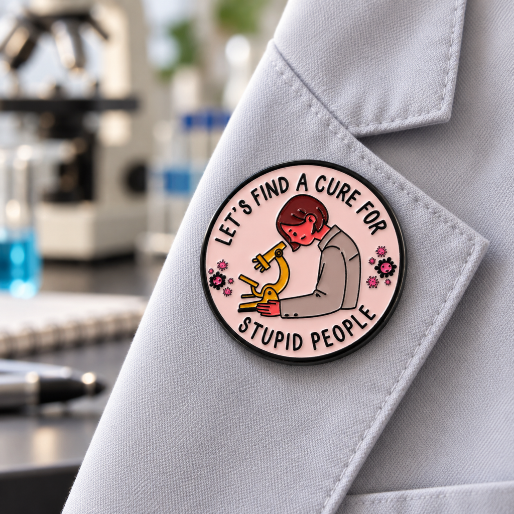 Let's Find A Cure For Stupid People enamel pin on a lab coat