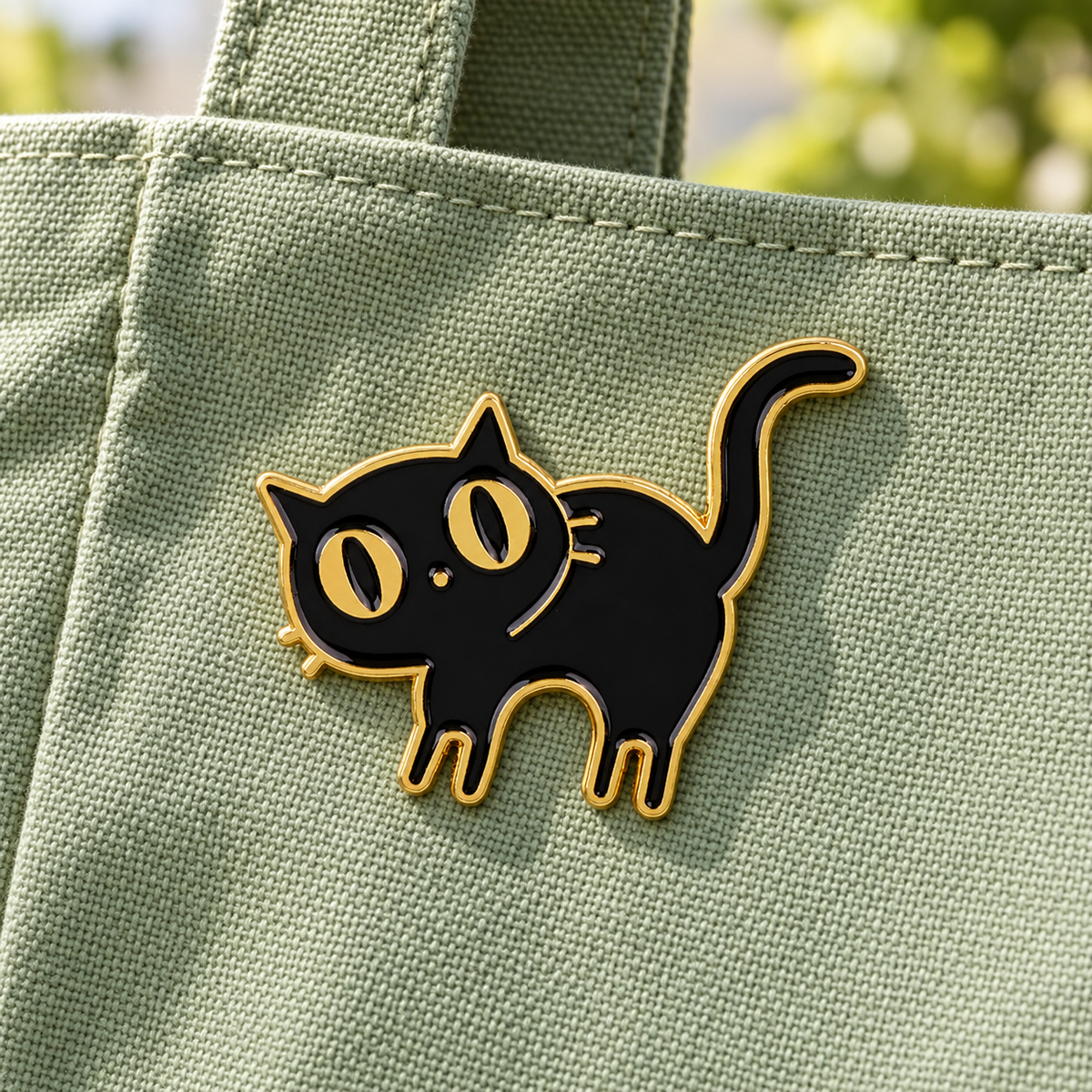 Cute Black Cat enamel pin on a sage canvas tote
