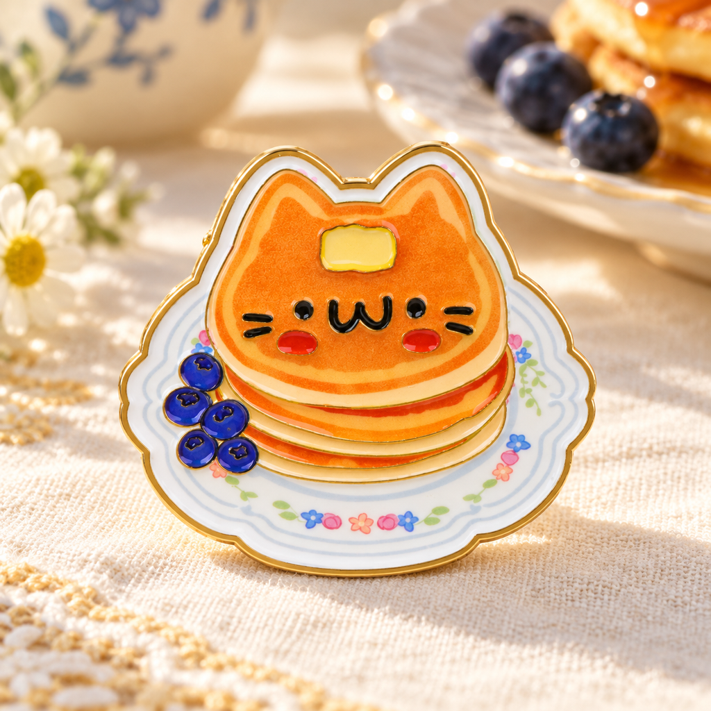 Cute Cat Pancake enamel pin on a sunlit breakfast table