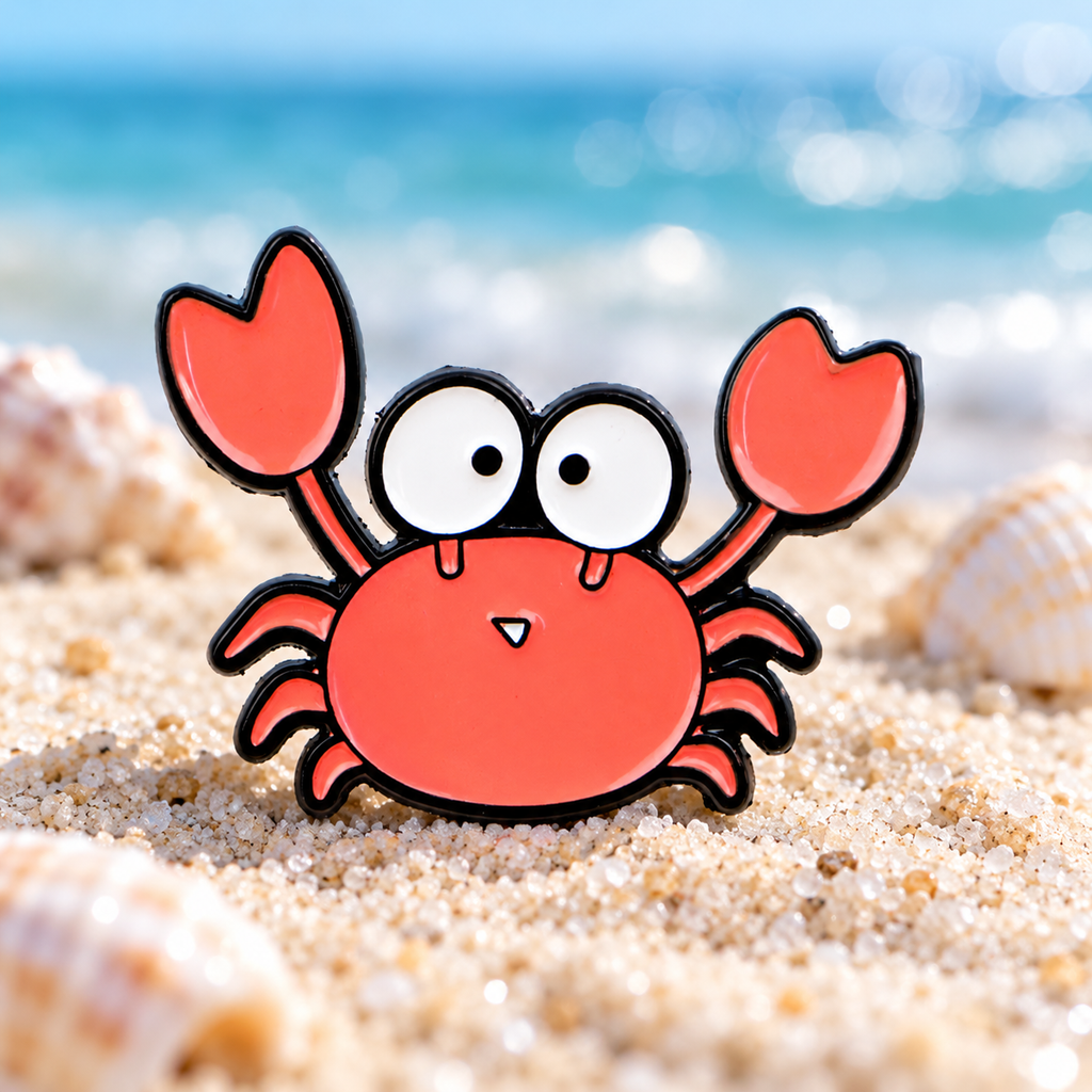 Cute Crab and Octopus Pins - crab variant on a coastal background