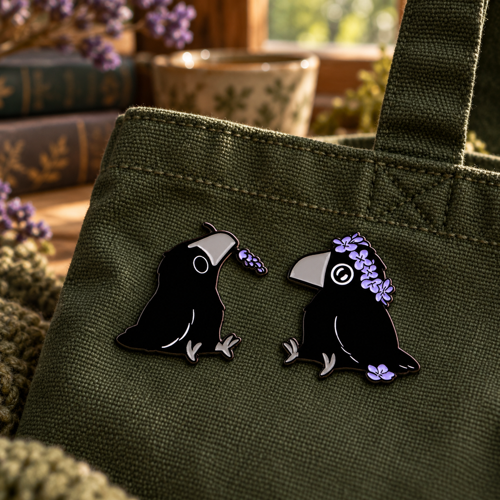 Two cute flower crown crow enamel pins on a moss green canvas tote
