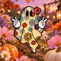 Cute Flower Ghost Pin on a themed spooky background