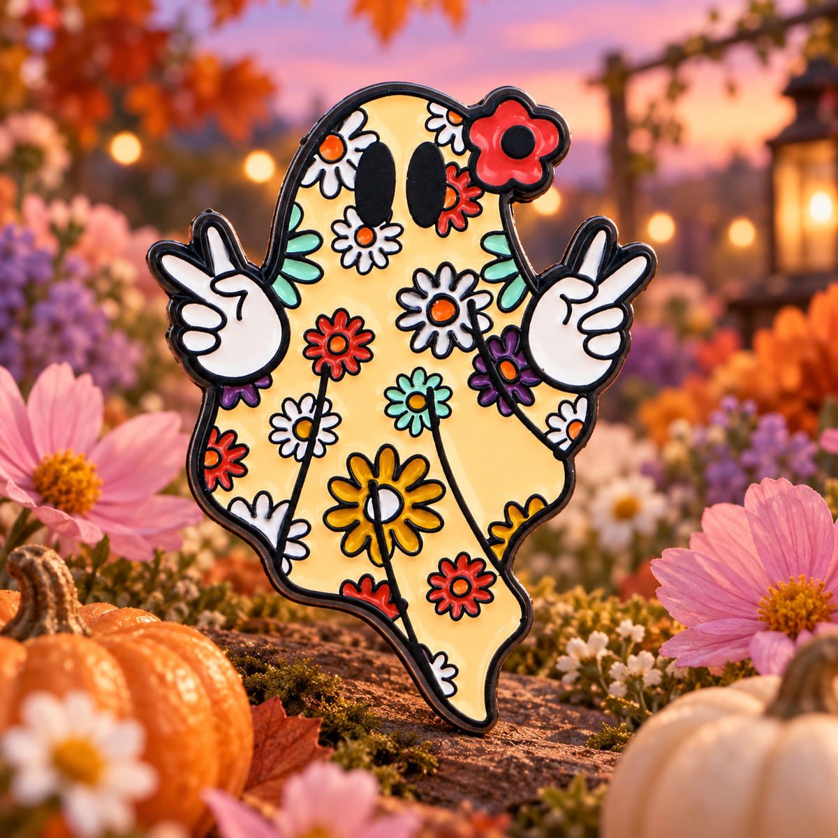 Cute Flower Ghost Pin on a themed spooky background