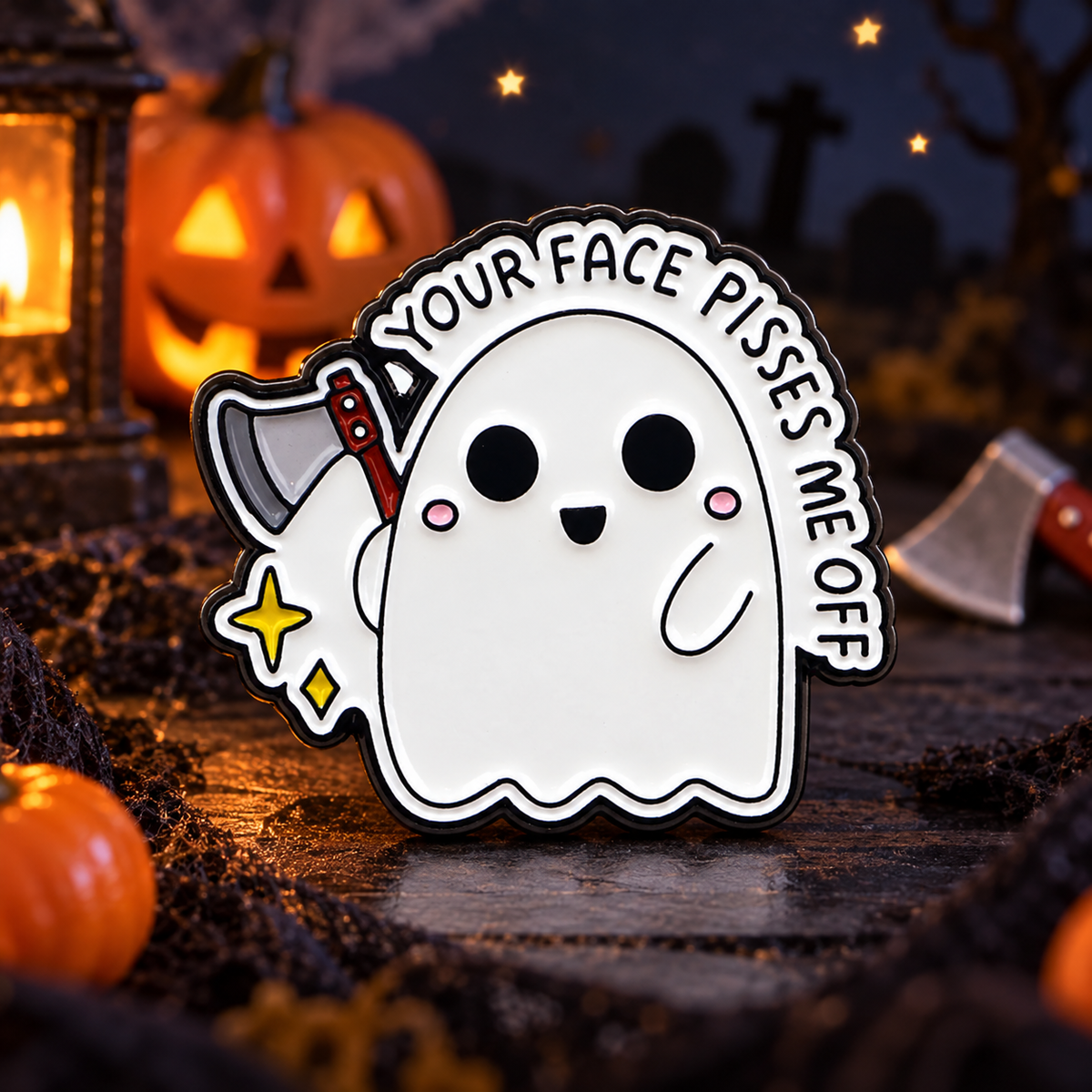 Cute Ghost "Your Face Pisses Me Off" Pin on a themed spooky background