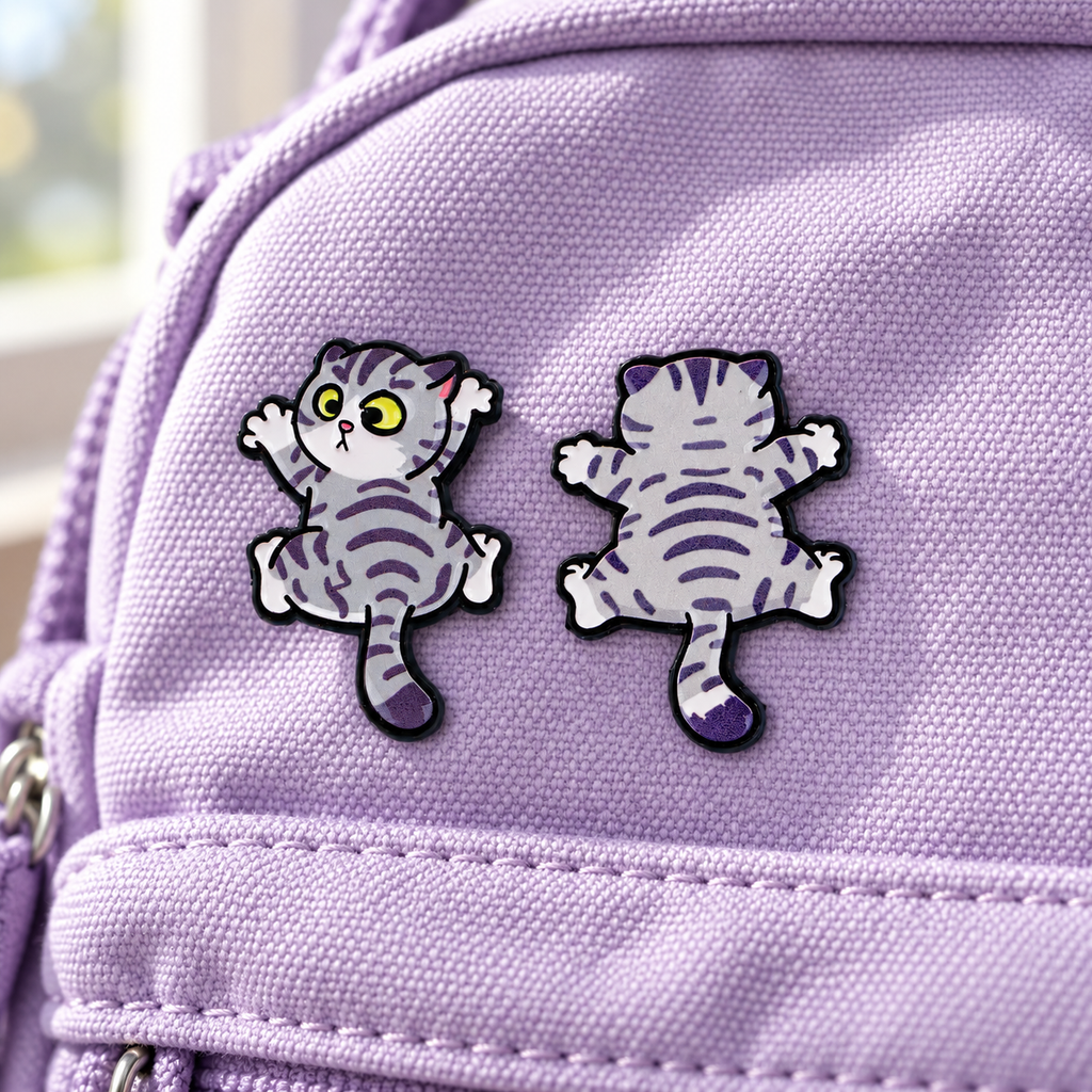 Front and back views of a cute grey cat enamel pin on lavender canvas