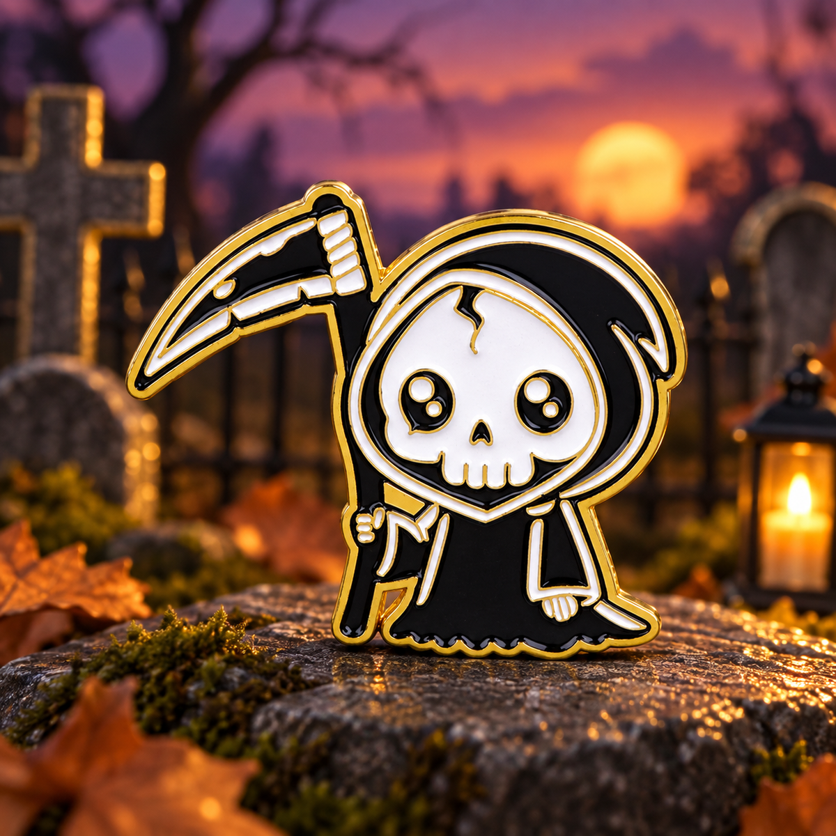 Cute Grim Reaper Pin on a themed spooky background