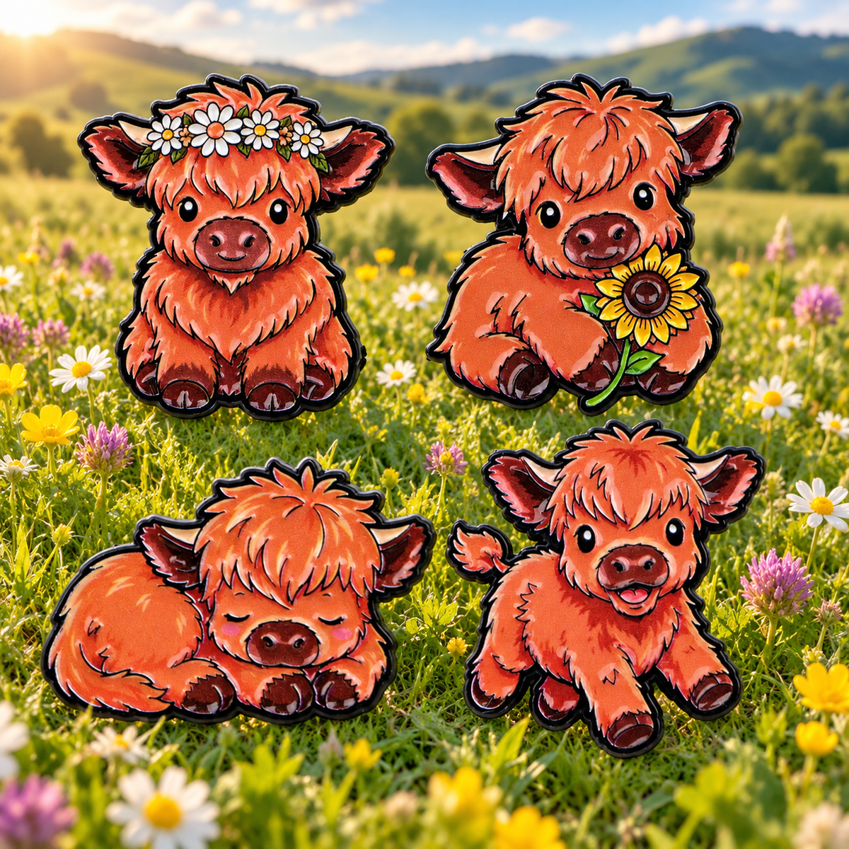 All four Cute Highland Cow Pins in a sunny meadow