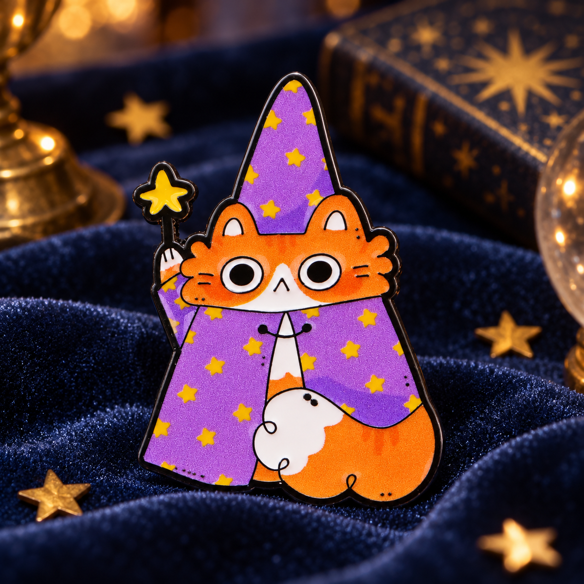 Cute Magician Cat Pin on a starry navy velvet background