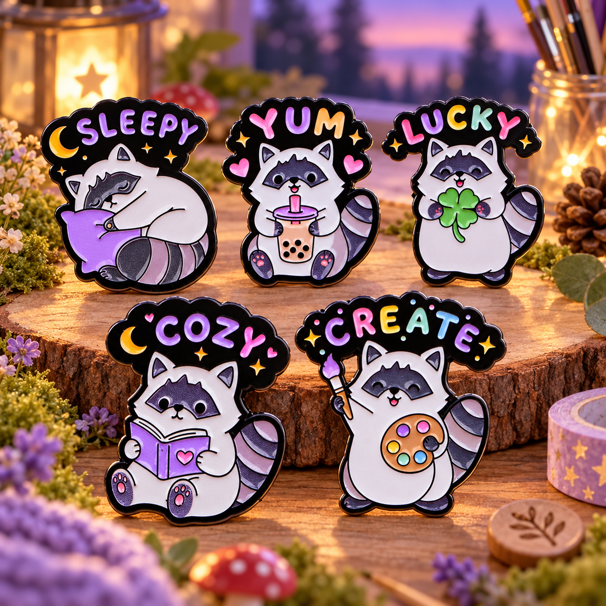 All five Cute Raccoon Activity Pins in a woodland craft room