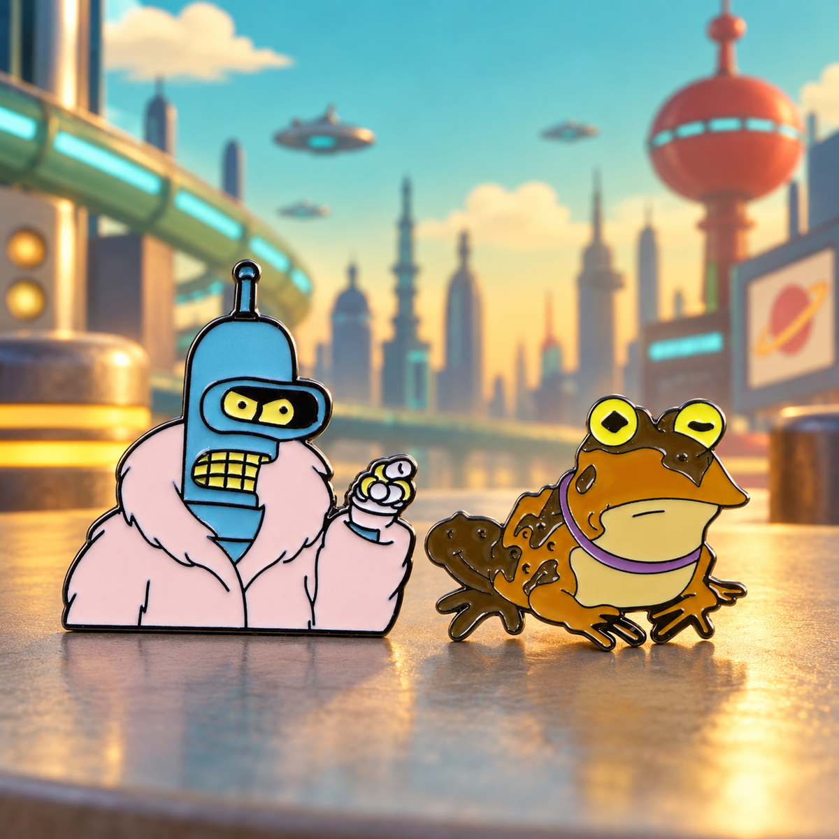 Cute Robot and Toad Pins — styled product photo