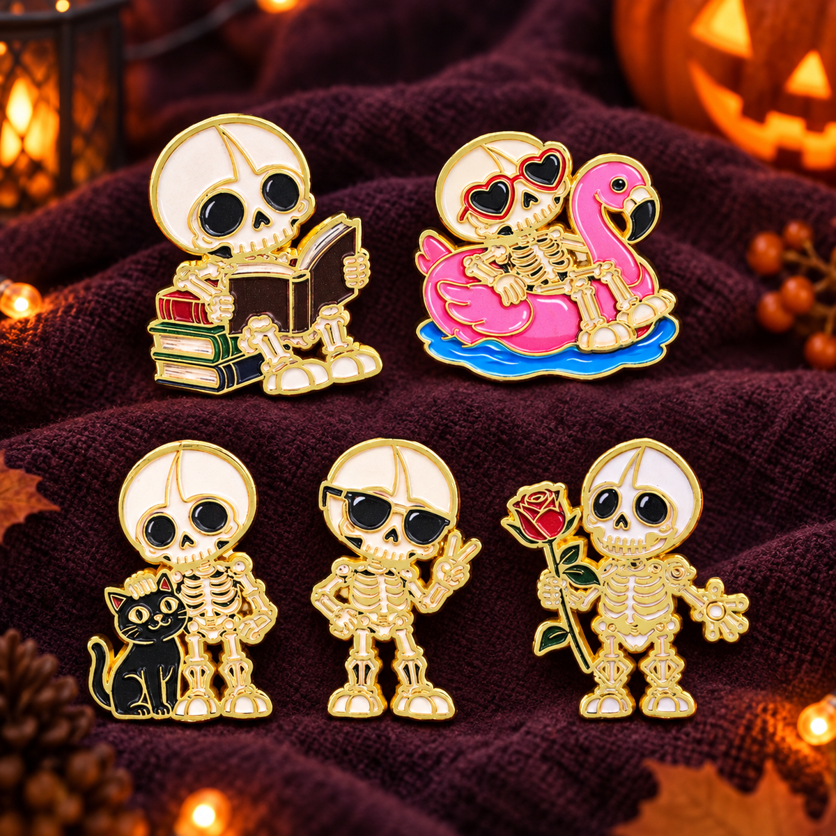 Five cute skeleton enamel pins on a cozy Halloween backdrop