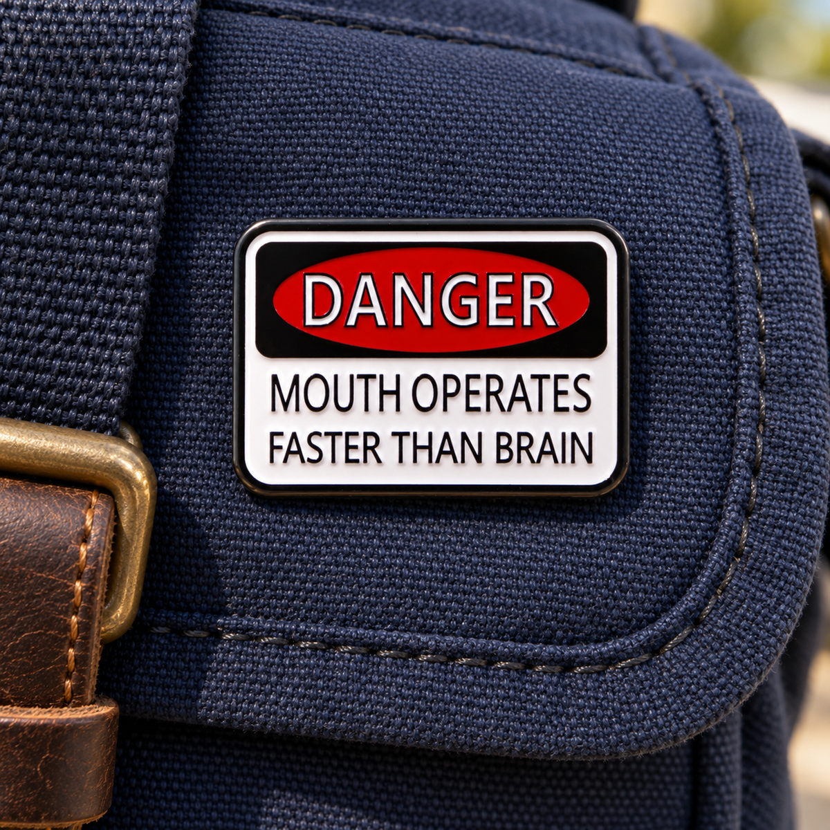 Danger Mouth Operates Faster Than Brain enamel pin on navy canvas