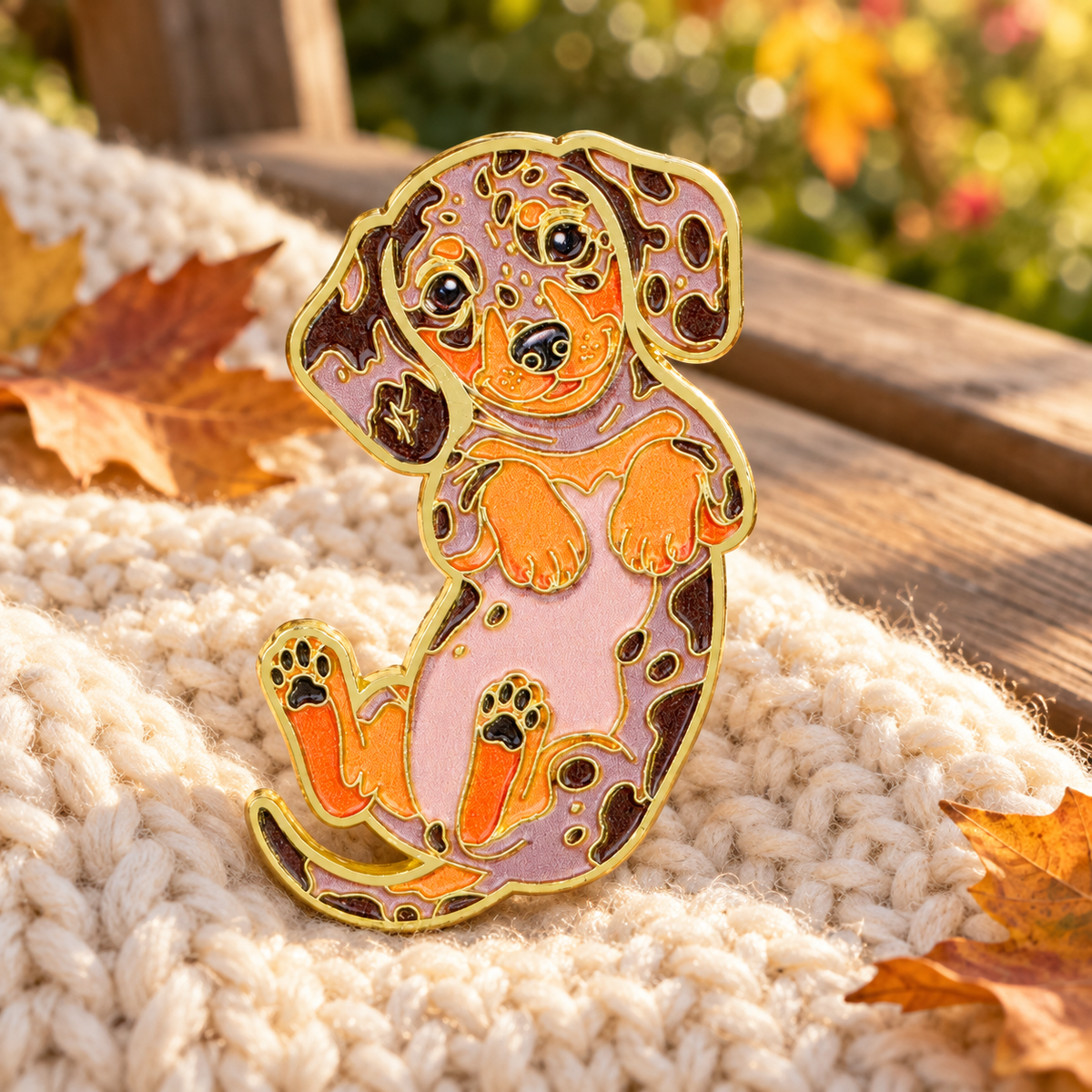 Dapple Dachshund Pin on a sunlit knitted blanket with autumn leaves