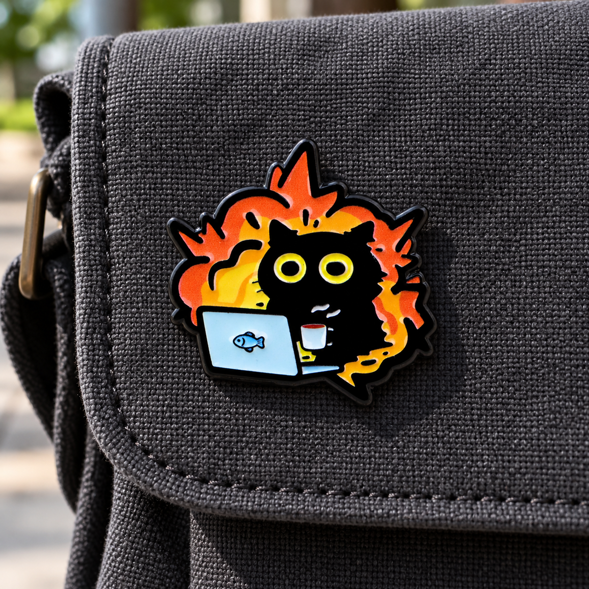 Deadline Fighter Cat enamel pin on a charcoal canvas messenger bag