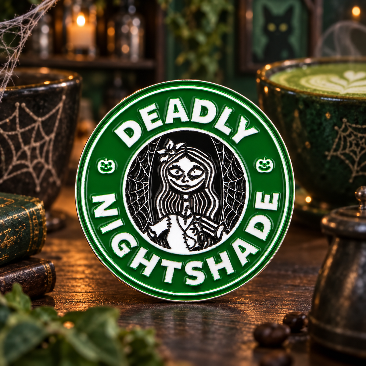 Deadly Nightshade Starbuck Pin on a themed spooky background