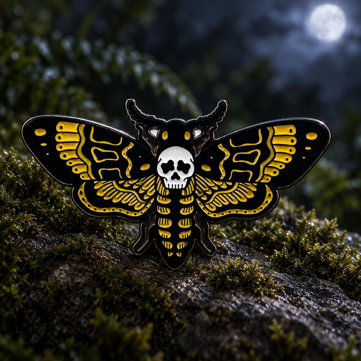 Death's Head Moth Pin enamel pin on a moonlit botanical background