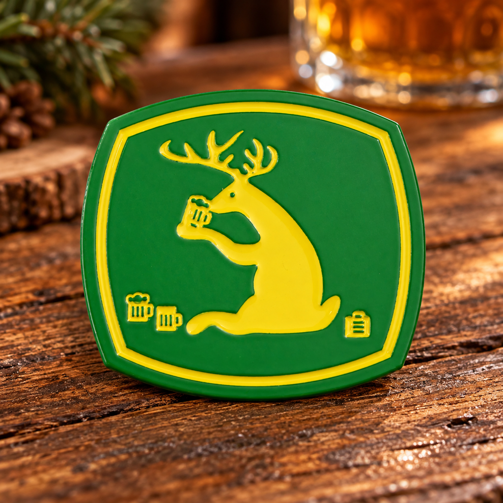 Deer Deer enamel pin on a warm rustic tavern tabletop