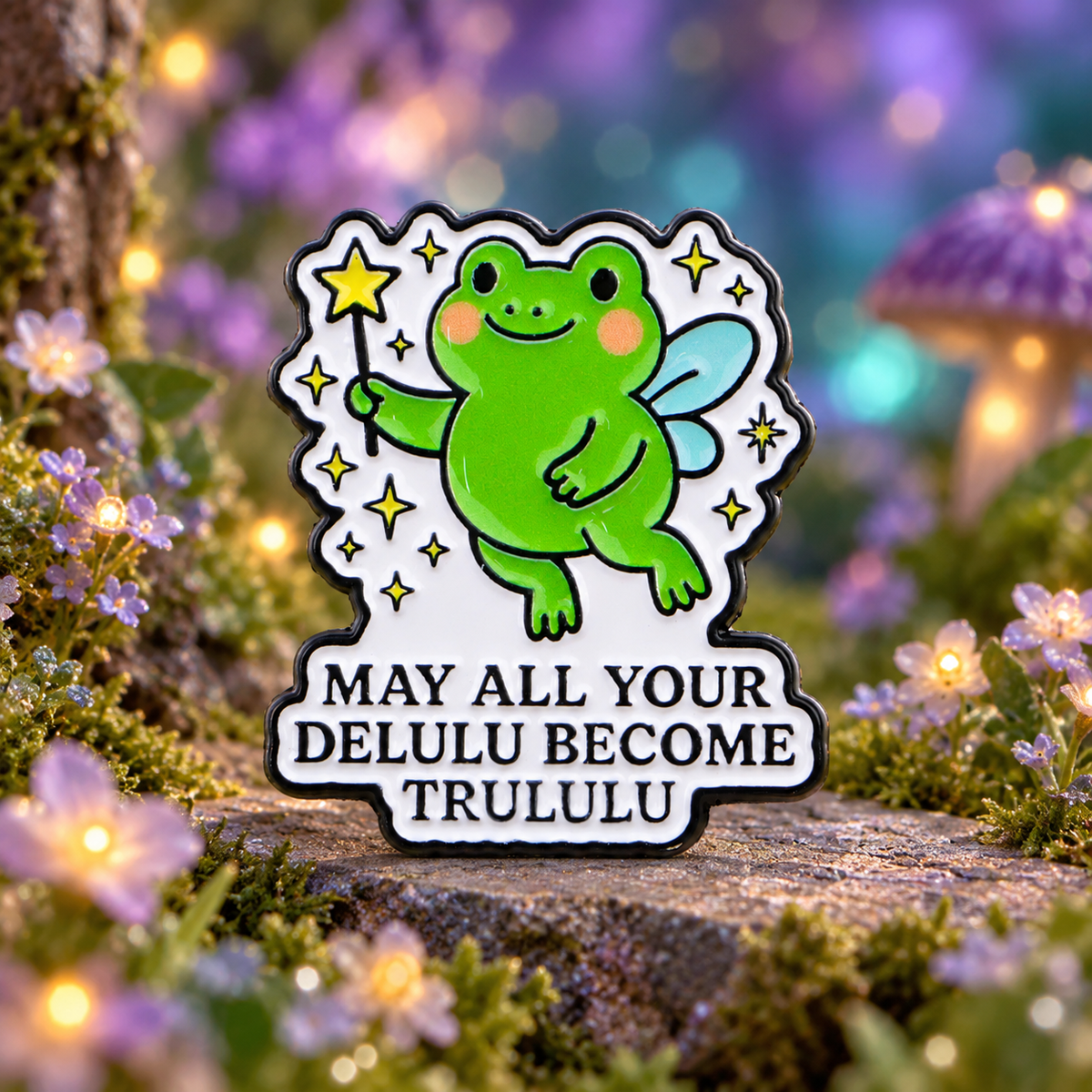 Delulu Becomes Trululu Fairy Frog enamel pin in a fairy garden