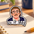 Do It Lady Cartoon Portrait Pin on a sunny creative desk
