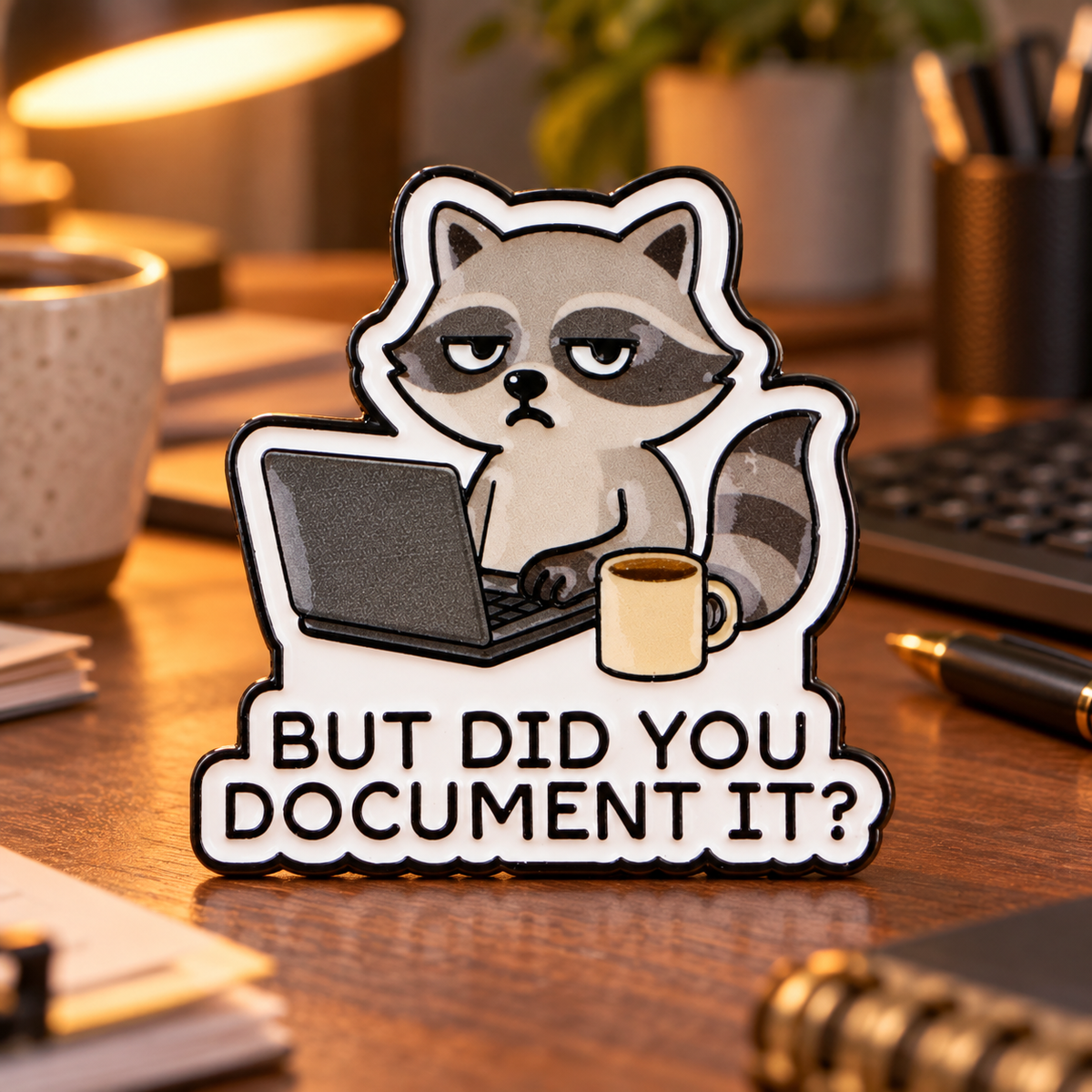 Raccoon documentation enamel pin on a warm office desk