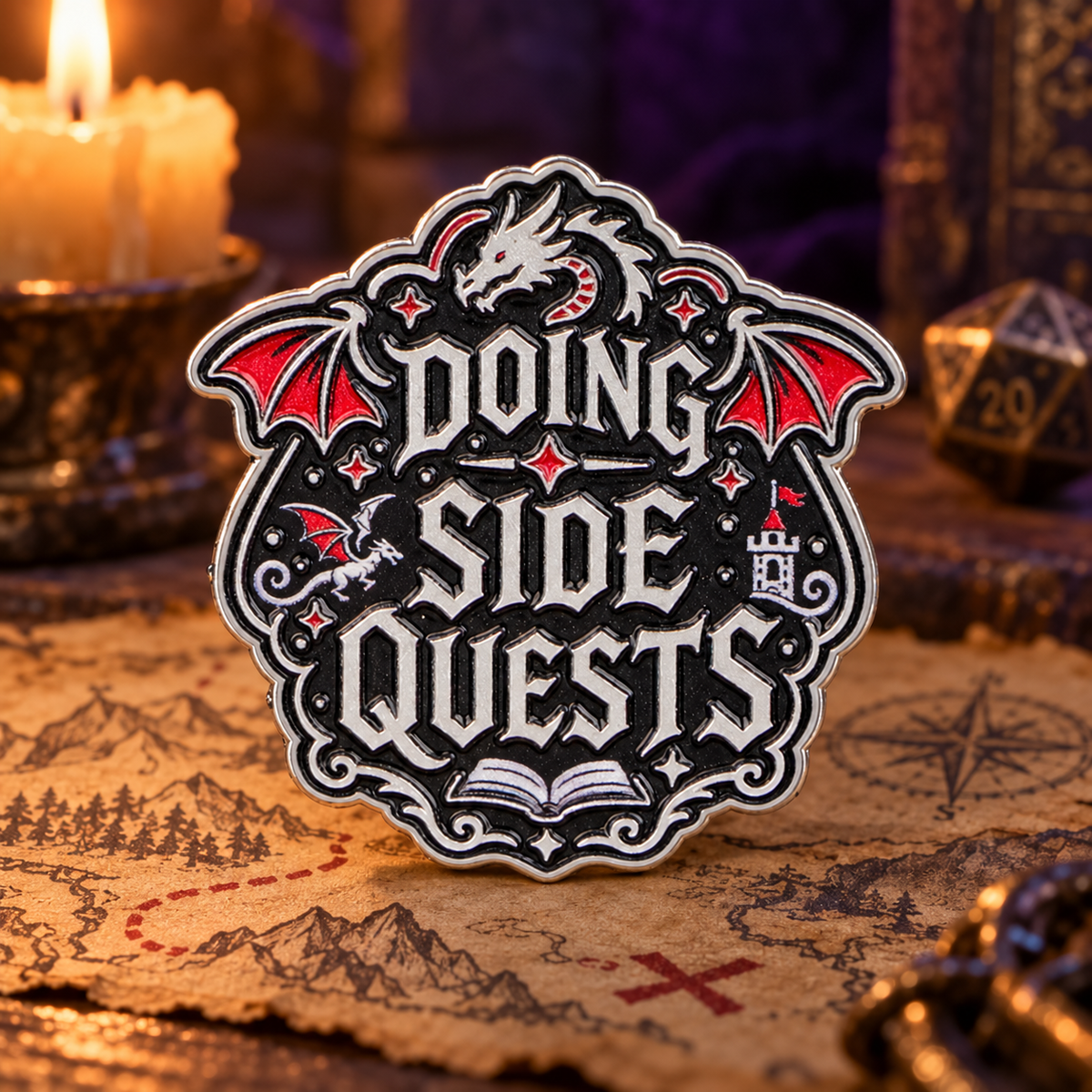 Doing Side Quests Dragon enamel pin on a fantasy adventure map