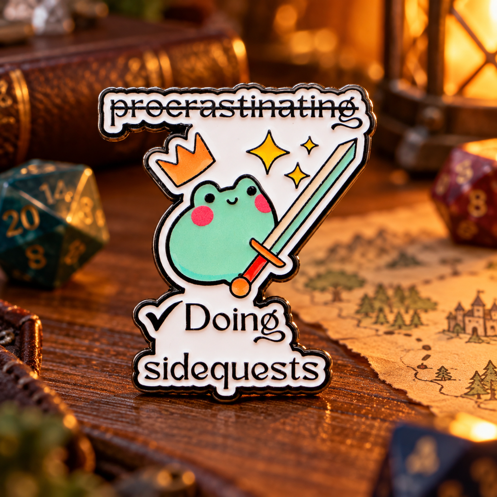 Doing Sidequests Frog Pin on a fantasy gaming table