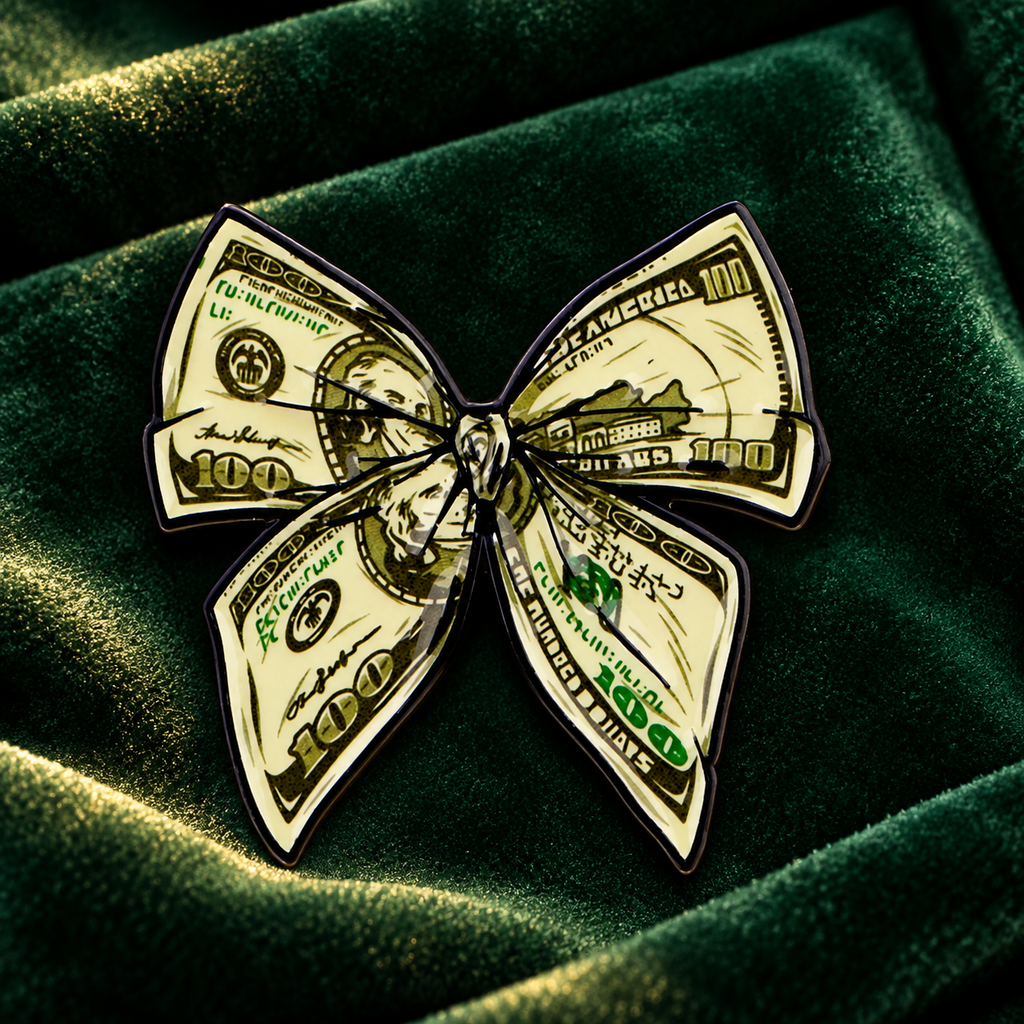 Dollar Bill Bow enamel pin on emerald velvet background
