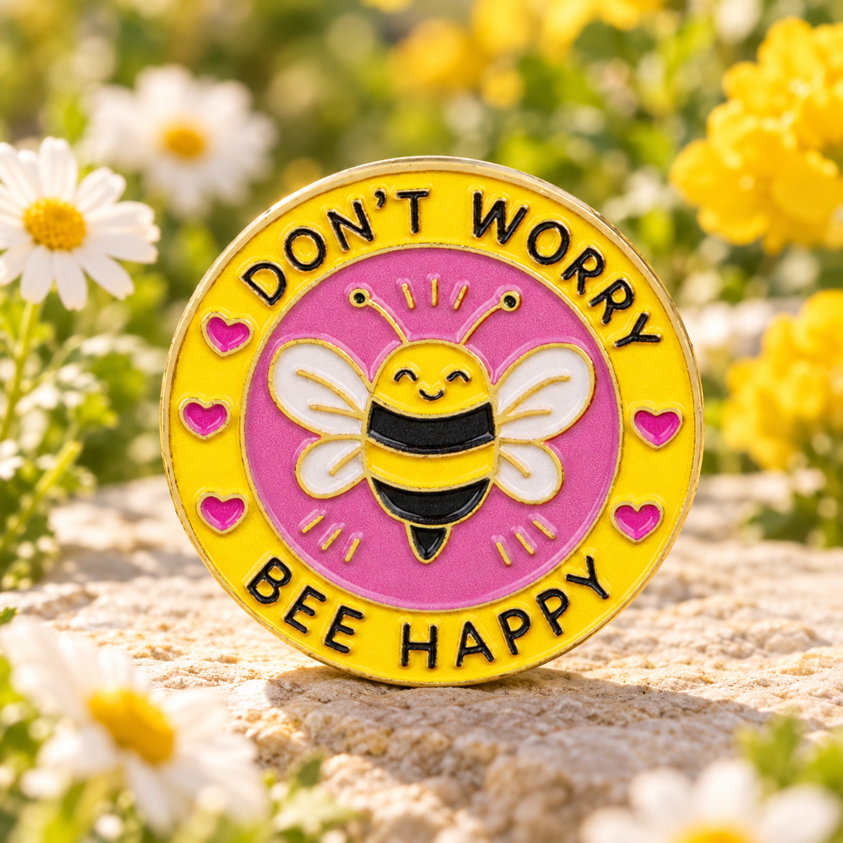 Don't Worry Bee Happy enamel pin in a sunny spring garden