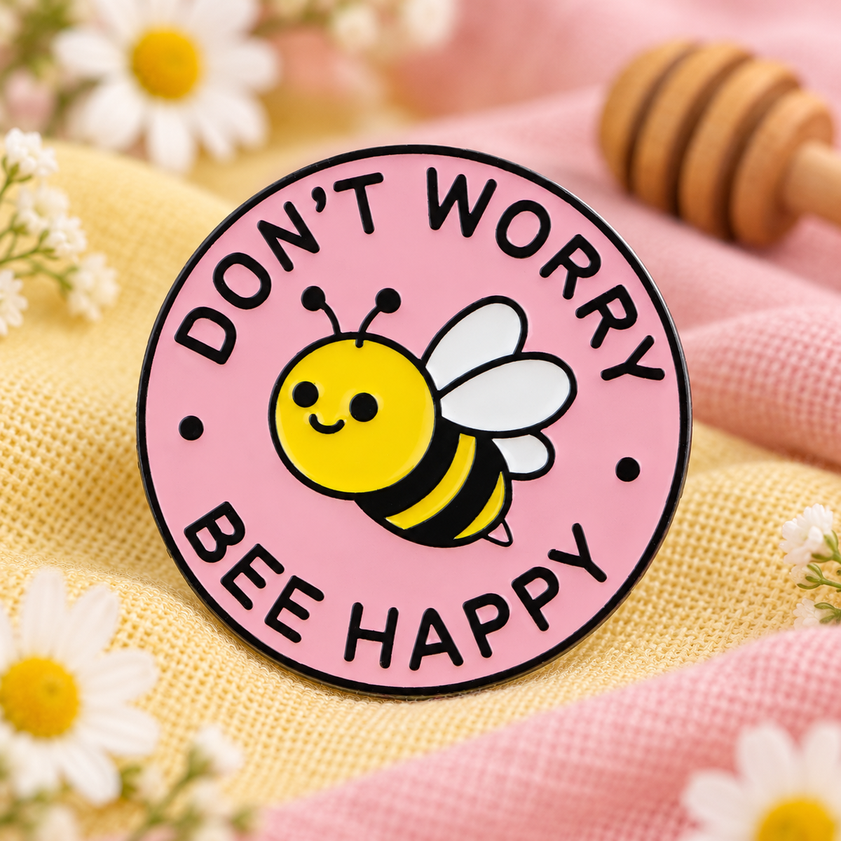 Don't Worry Bee Happy enamel pin on pastel linen