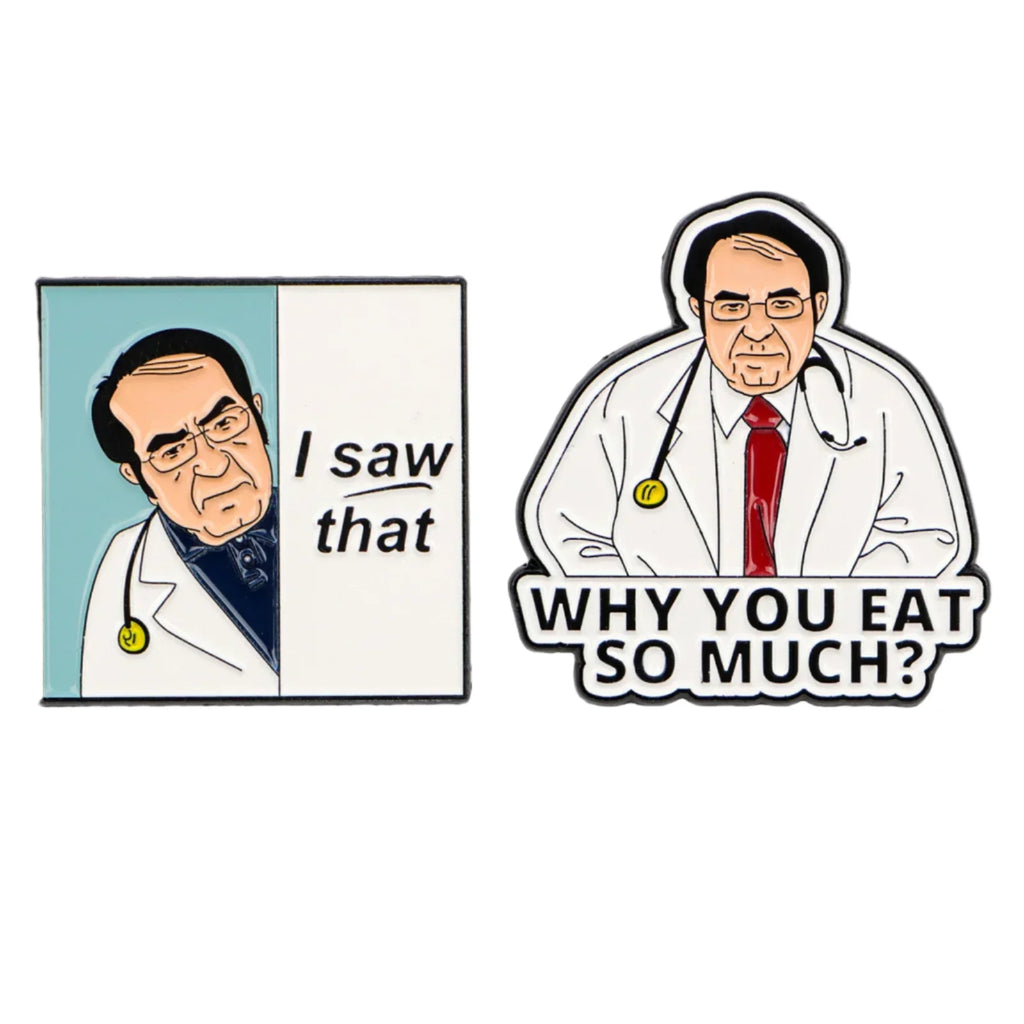 Cartoon-style illustration of a doctor with text 'I saw that' and 'Why you eat so much?' on a gray background.
