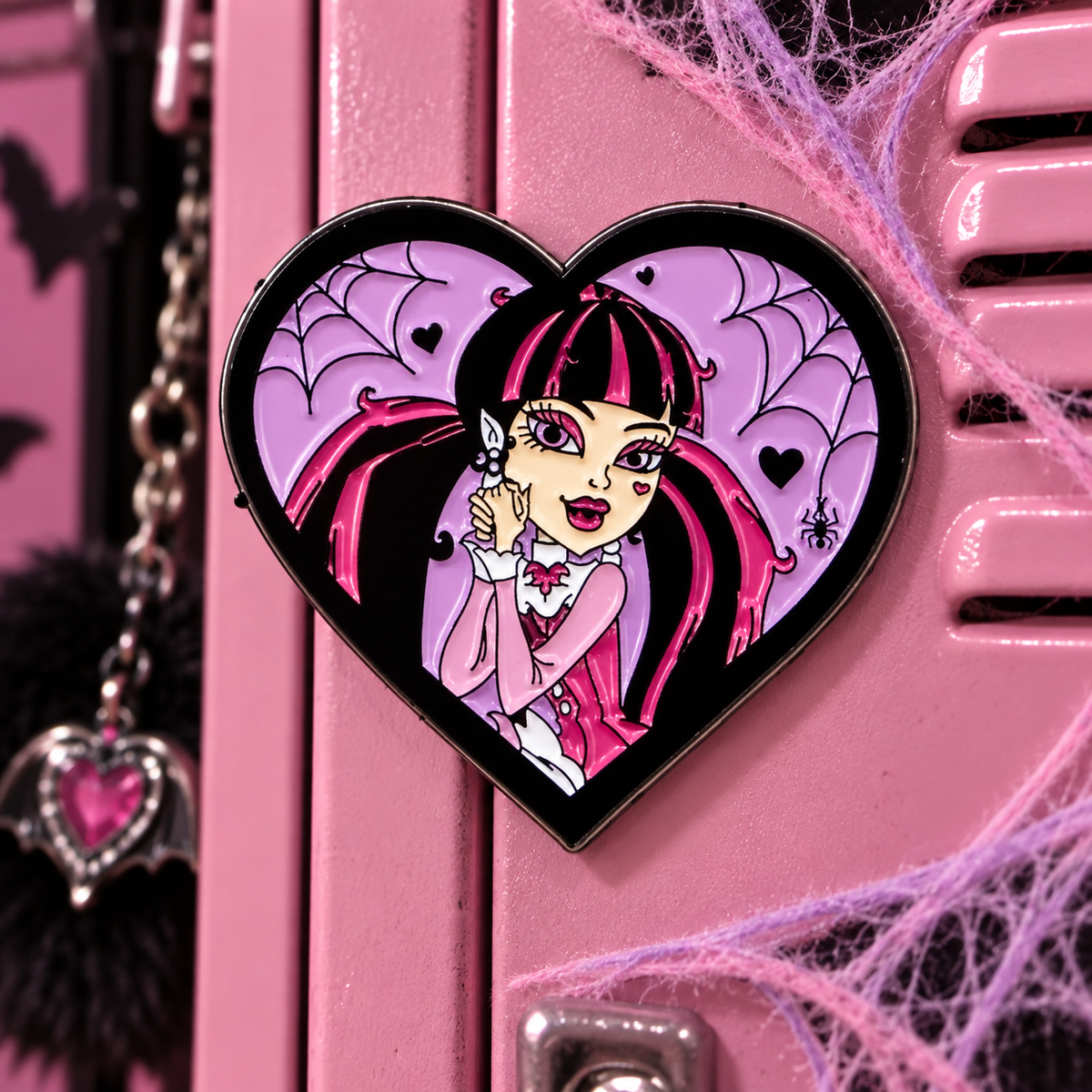 Draculaura Pin on a themed spooky background