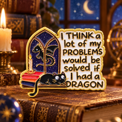 If I Had a Dragon Cat enamel pin in a candlelit reading nook