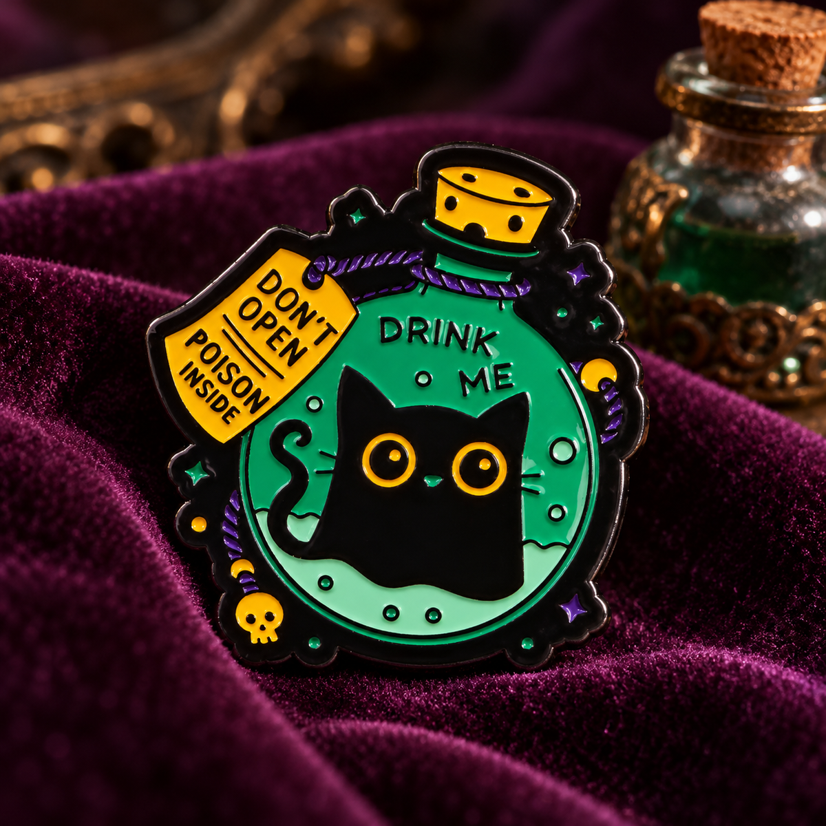 DRINK ME Black Cat Potion enamel pin on purple velvet