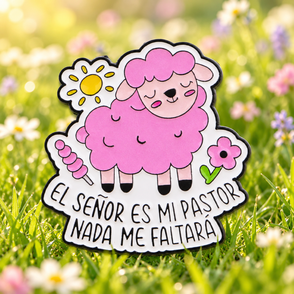 El Senor Es Mi Pastor Pink Sheep Pin in sunlit meadow