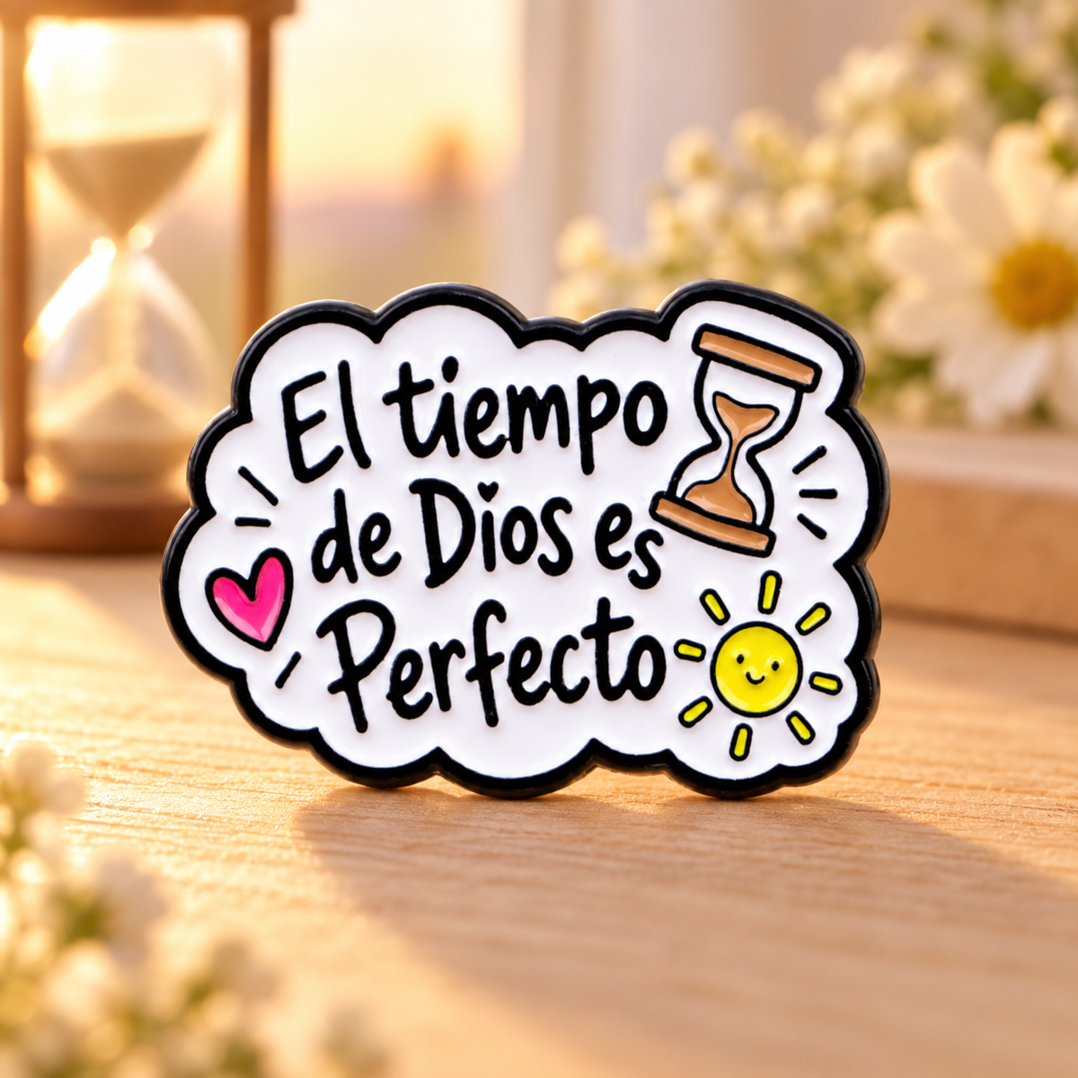 El tiempo de Dios es Perfecto enamel pin in a sunlit setting