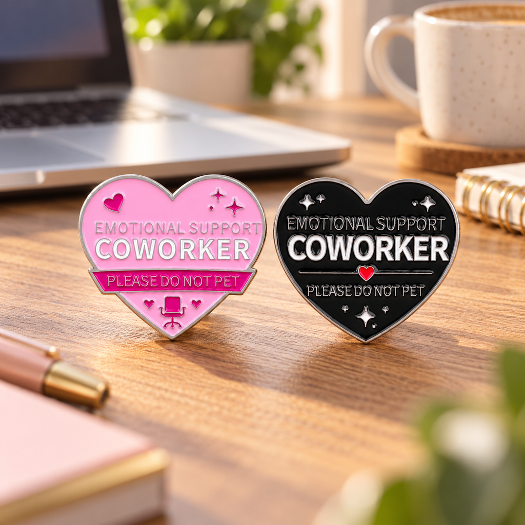 Emotional Support Coworker heart enamel pins on a modern office desk