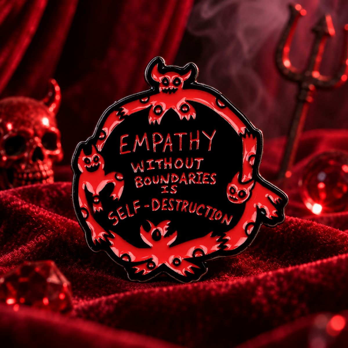 Empathy Without Boundaries Devil Pin enamel pin on a themed background