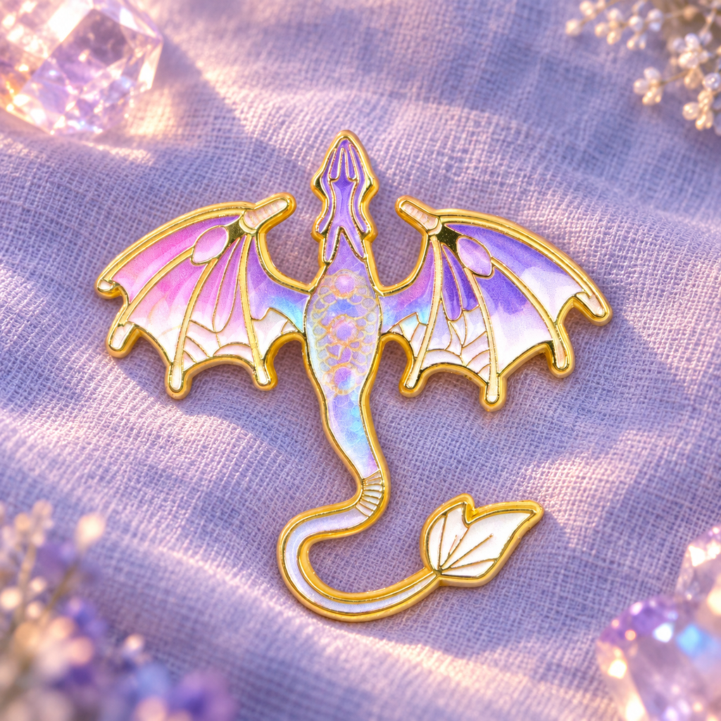 Colorful Dragon Flying Pin enamel pin on a themed background