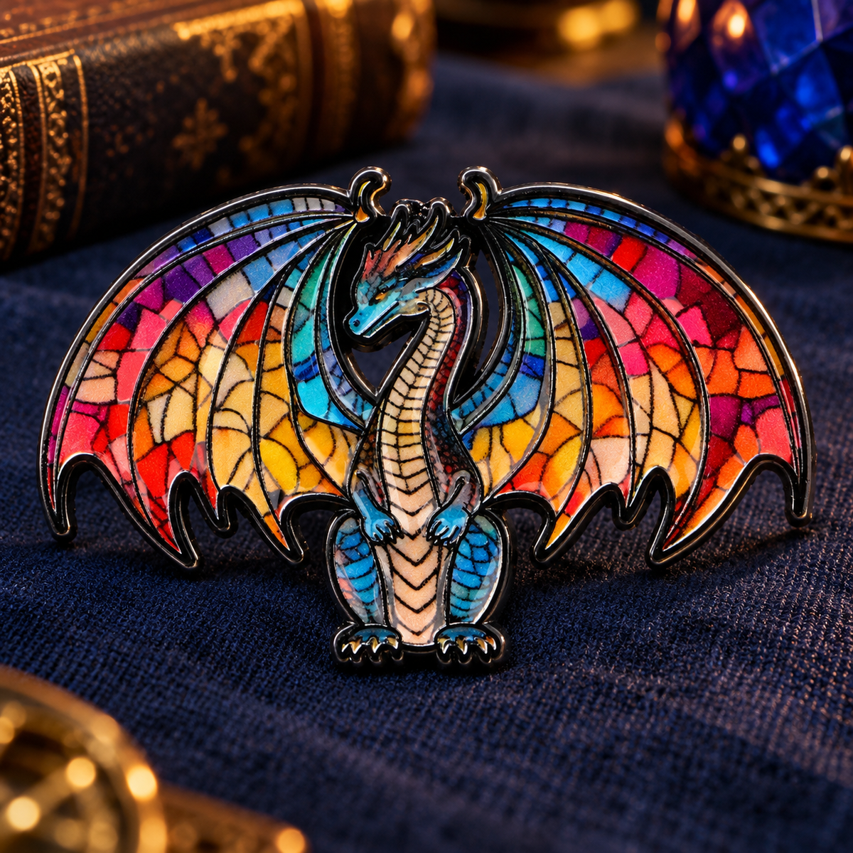 Colorful Dragon Pin enamel pin on a themed background