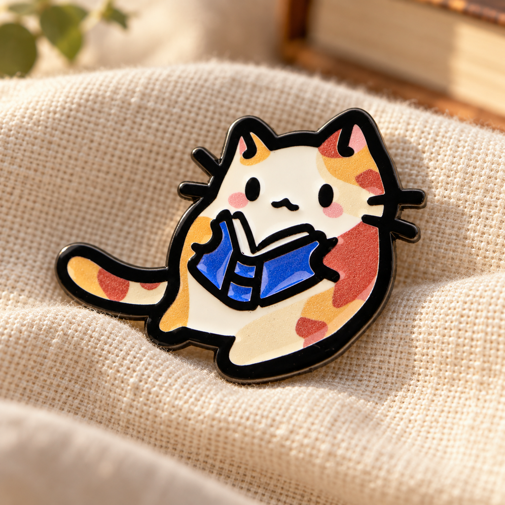 Cute Cat Reading enamel pin on cream linen