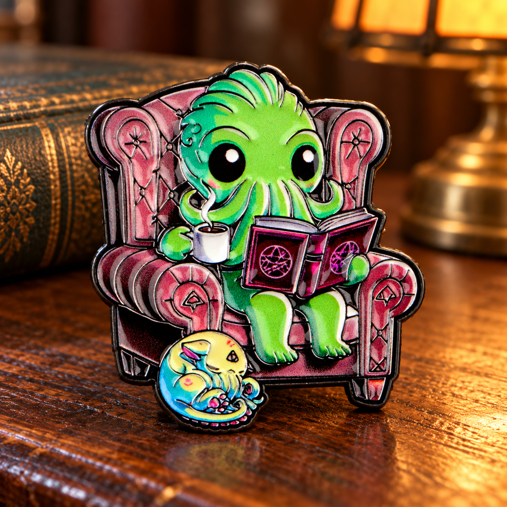 Cute Cthulhu Reading enamel pin in a cozy library