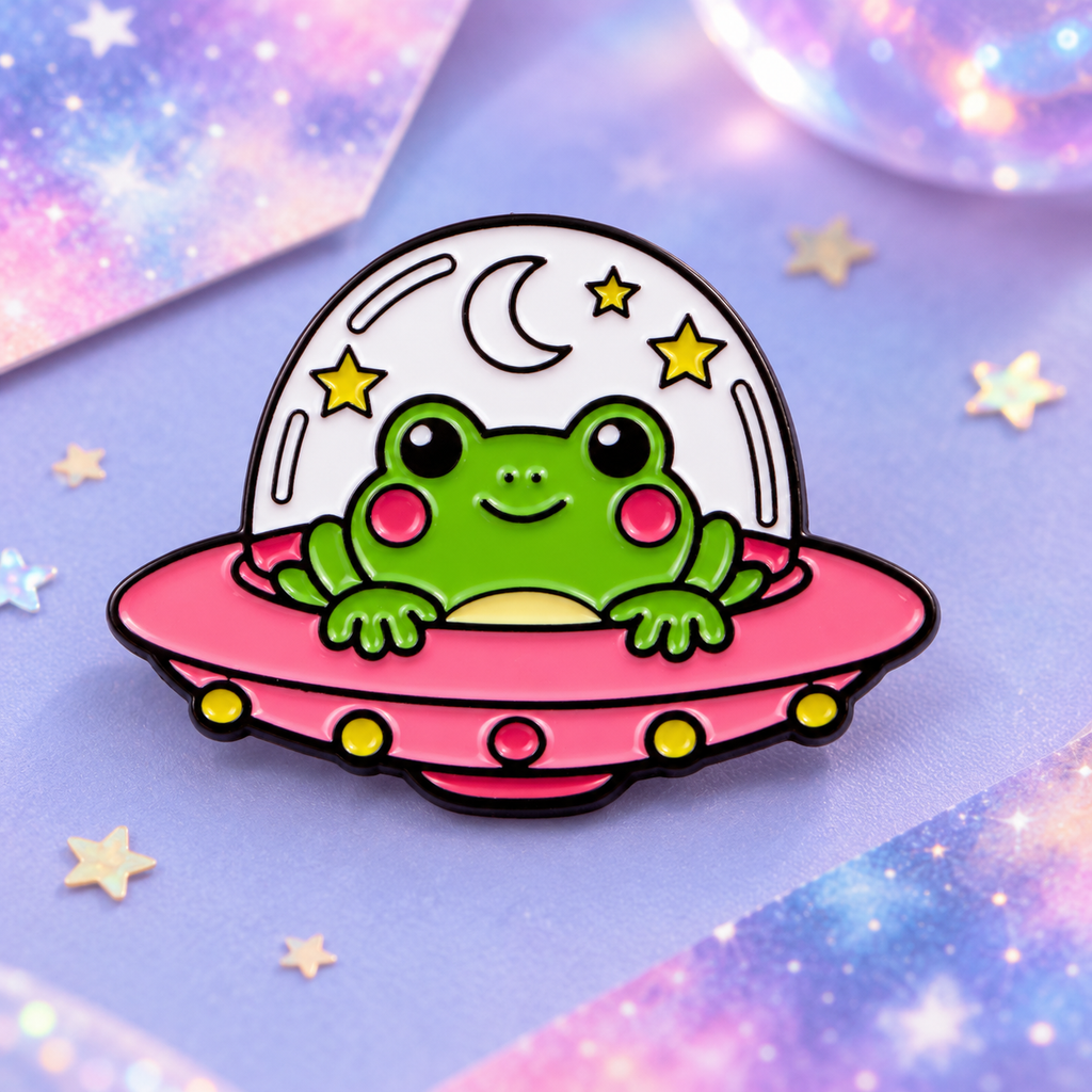 Cute Frog UFO Pin enamel pin on a themed background