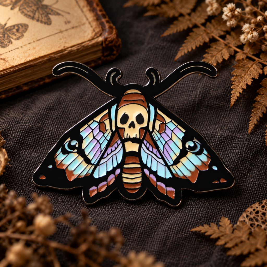 Death Head Moth Pin enamel pin on a themed background
