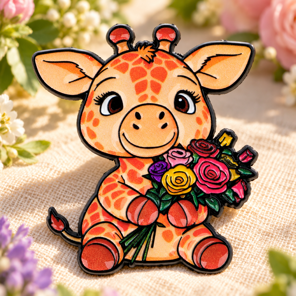 Cute Floral Giraffe Pin enamel pin on a themed background