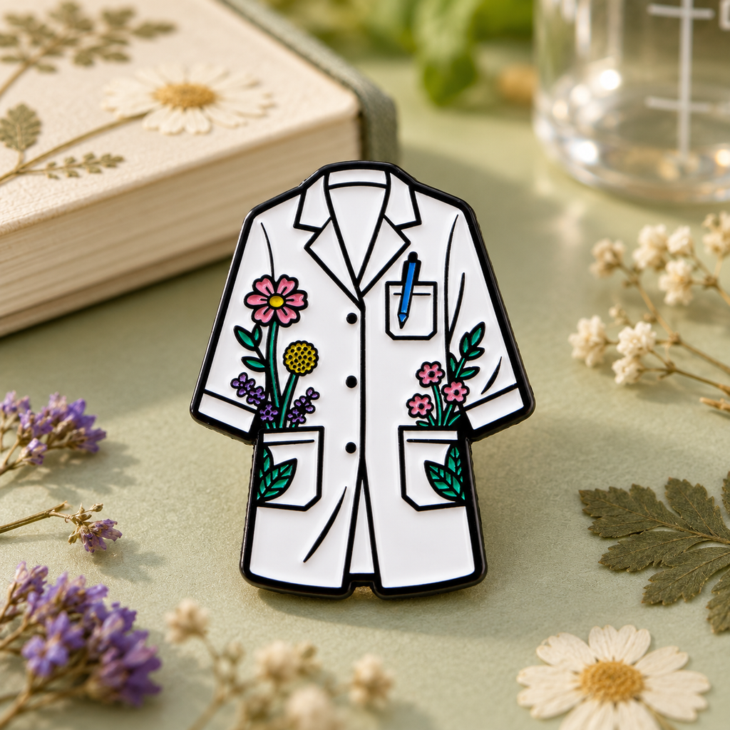 Floral Lab Coat Pin enamel pin on a themed background