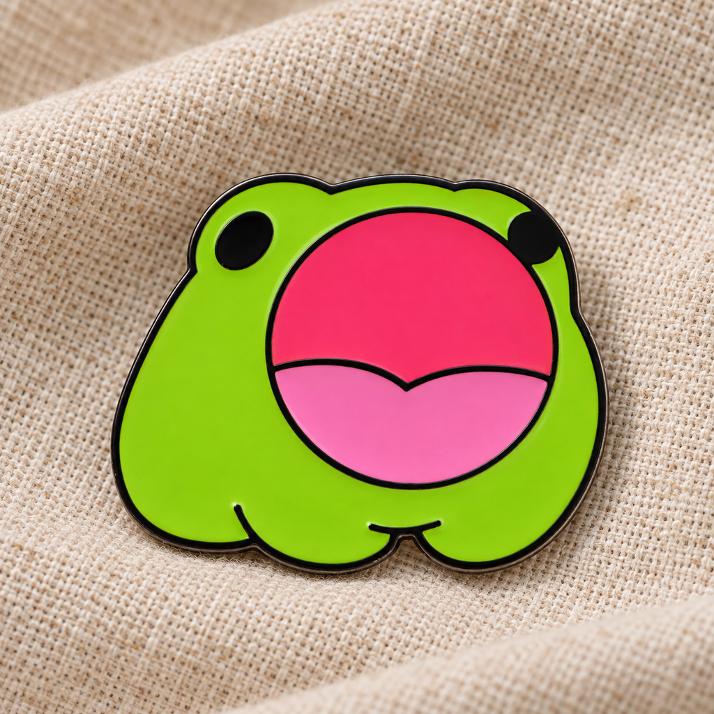 Funny Kawaii Frog enamel pin on beige linen