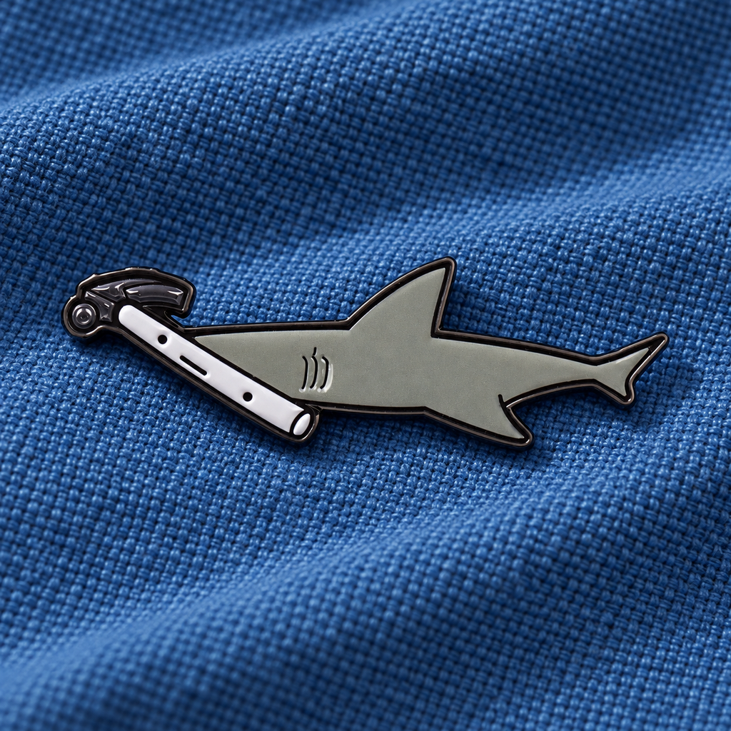 Hammerhead Shark enamel pin on blue woven fabric