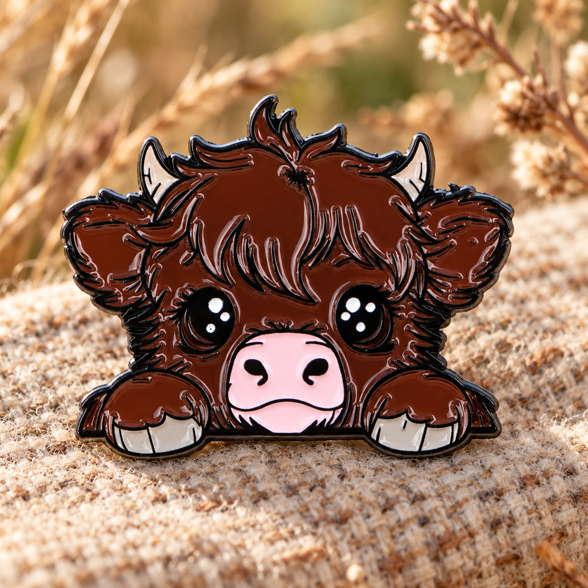 Cute Highland Cow Pin enamel pin on textured countryside fabric