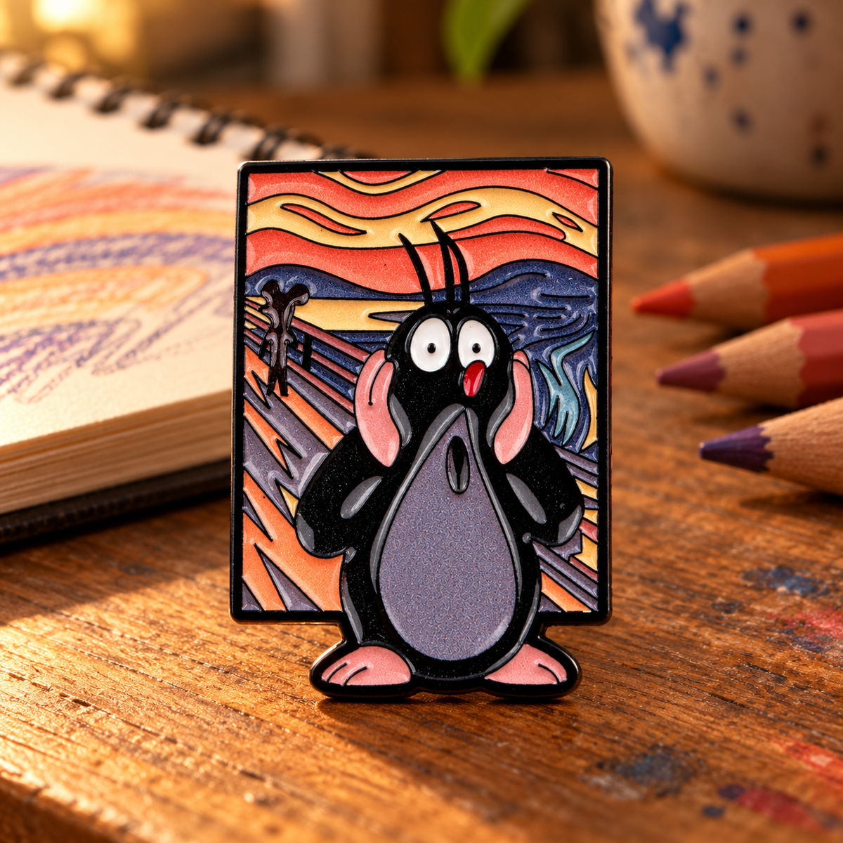 Little Mole The Scream enamel pin on an artist's desk