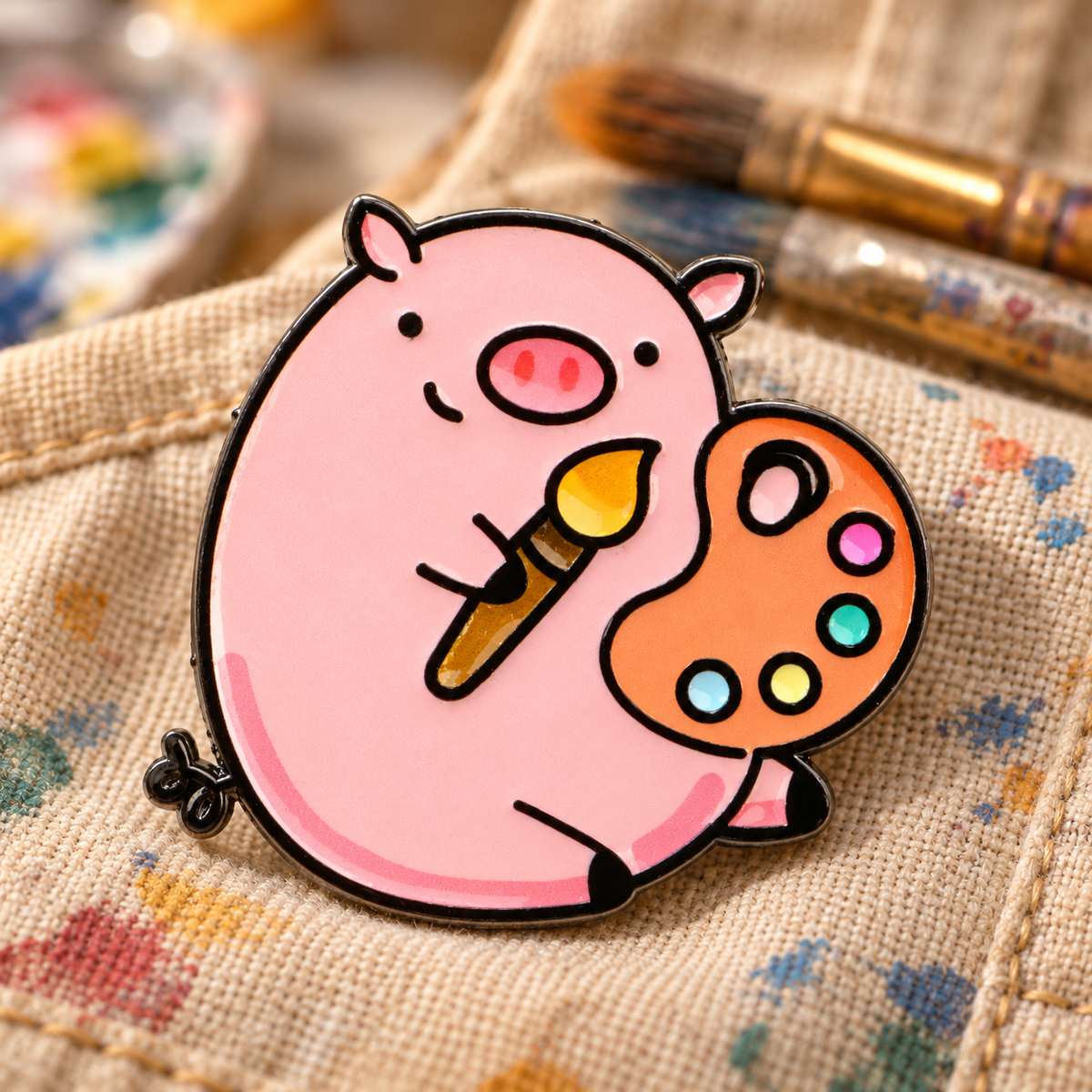 Cute Little Pig Painter Pin enamel pin on an artist apron